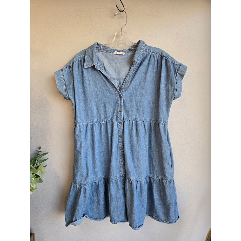New In Denim Tiered Mini Dress Women Size M Blue Boho Cottagecore Chambray